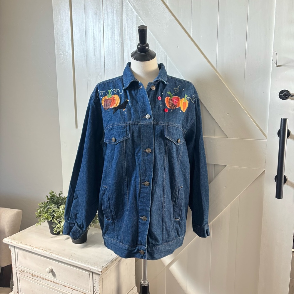 The Quacker Factory Jean Jacket Size L Pumpkin Fall Theme Scarecrow Thanksgiving